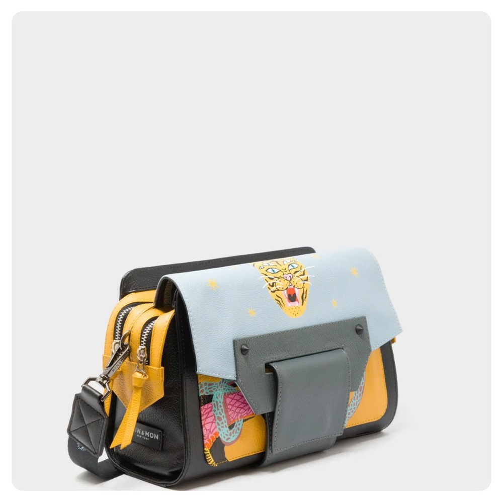 Min and Mon tiger Leather Artistic Black and Yellow Crossbody Bag